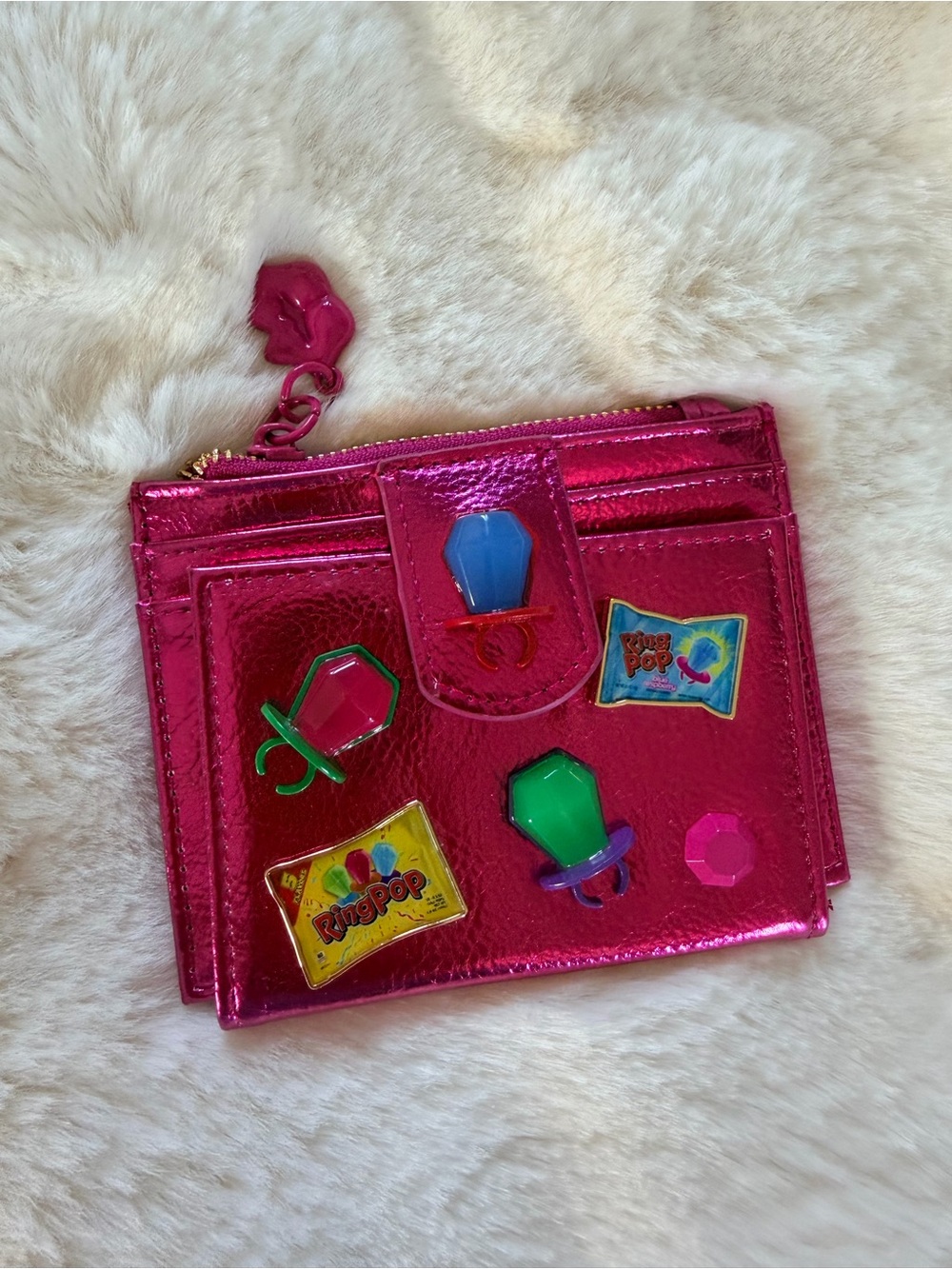 Betsey Johnson Pink Metallic Card Holder Wallet with Colorful Ring Pop Accents - Picture 12 of 12